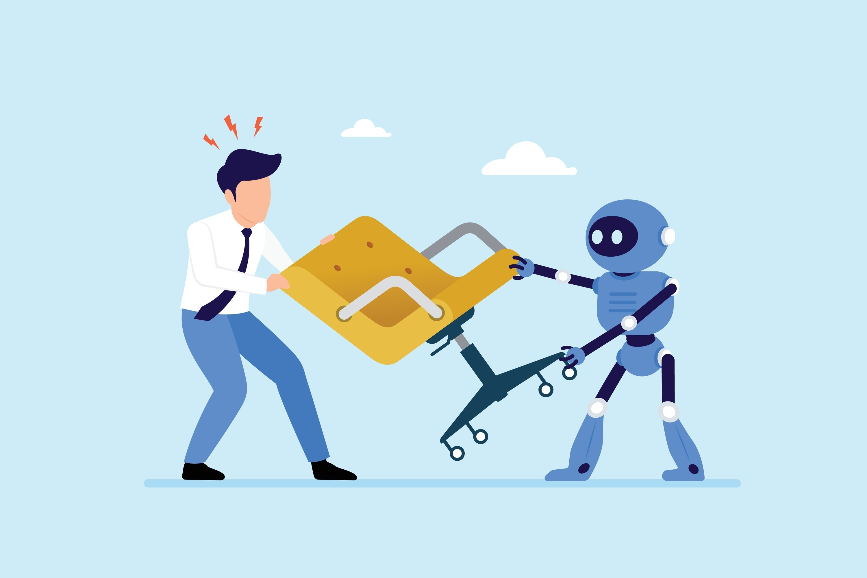 Human,And,Robot,Artificial,Intelligence,Fighting,Over,For,Chair,,Vacant